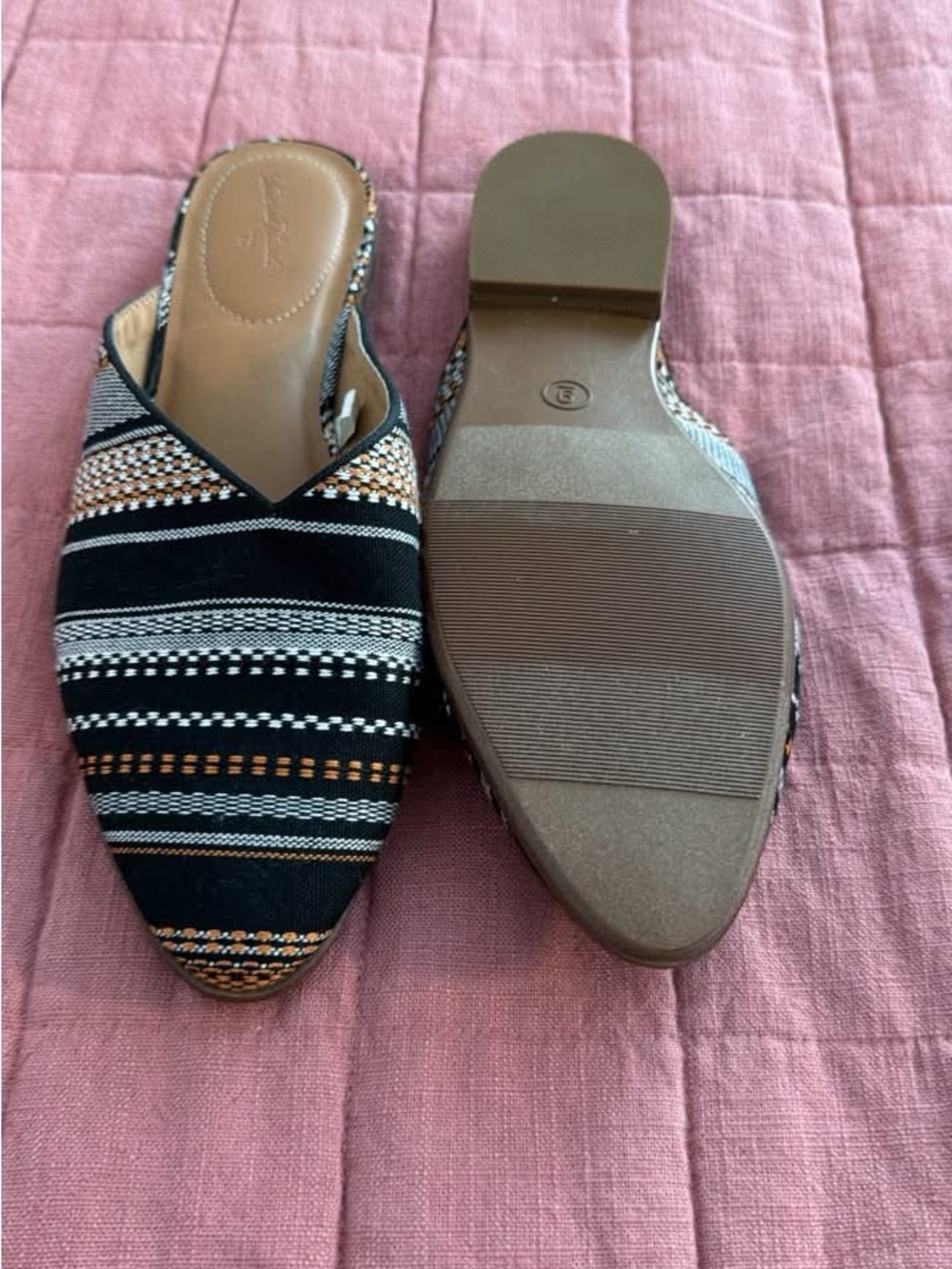 Black, White and Tan Striped Woven Pointed Mules